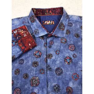 Spazio Uomo Button Shirt Men M/L Blue Geometric Distressed Flip Cuff Long Sleeve